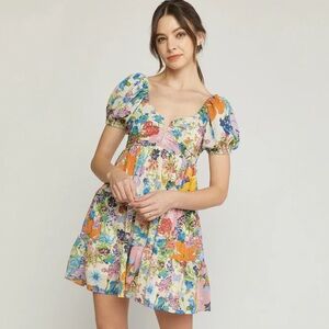Entro Orange Yellow Tiered Puff Sleeve Sundress